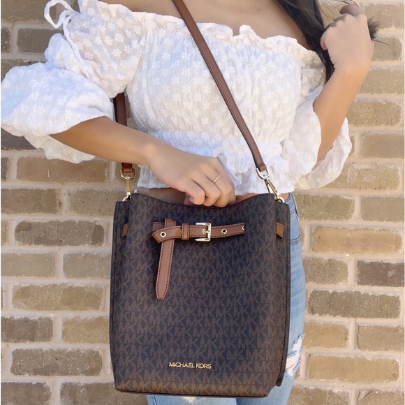 Michael Kors Handbags - Michael Kors Emilia Drawstring Bucket Bag Crossbody Signature Brown MK